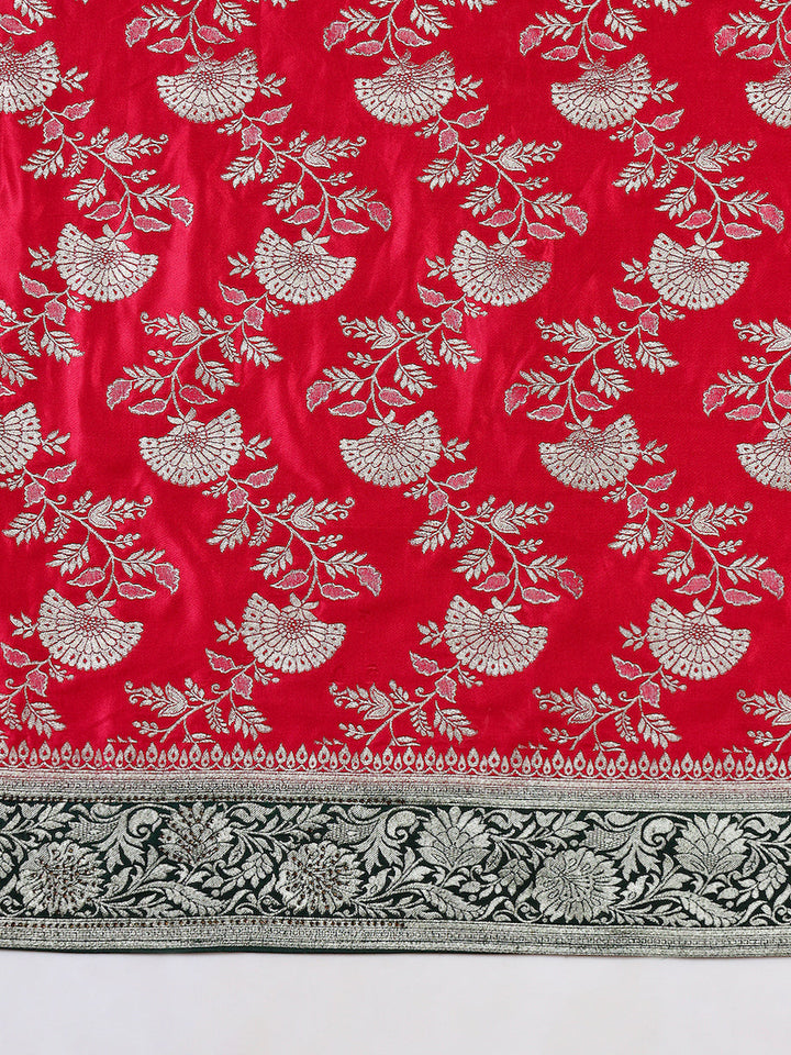 Banarasi Intricate Floral Motifs Zari Woven Traditional Handloom Satin Silk Saree