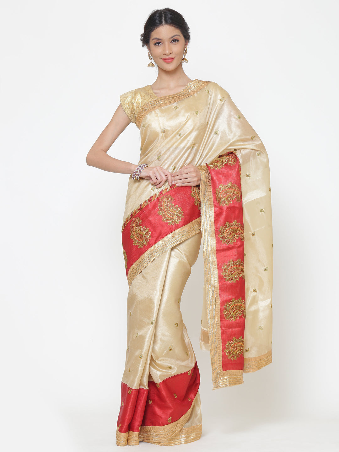 Chanderi Silk Panelled Saree with Embroidered Paisleys