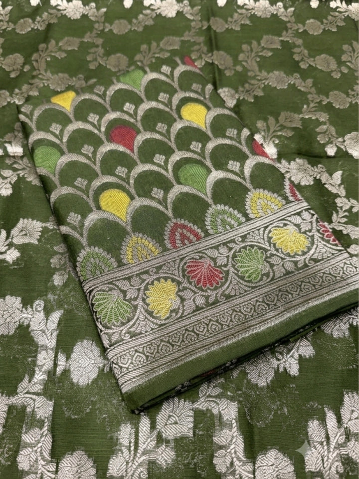 Zari Meenakari Weaving Banarasi Silk Dress Material With Floral Pattern Jhalar Dupatta