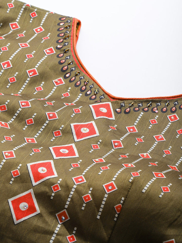 Olive Green Geometric Print Parade Crop Top Skirt Set