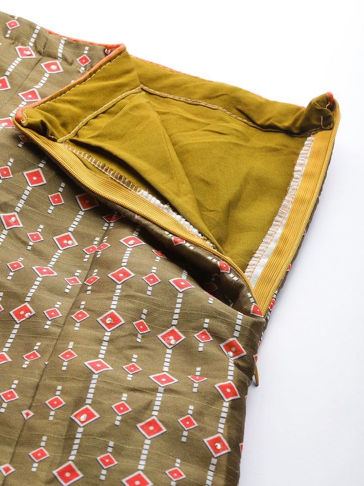 Olive Green Geometric Print Parade Crop Top Skirt Set