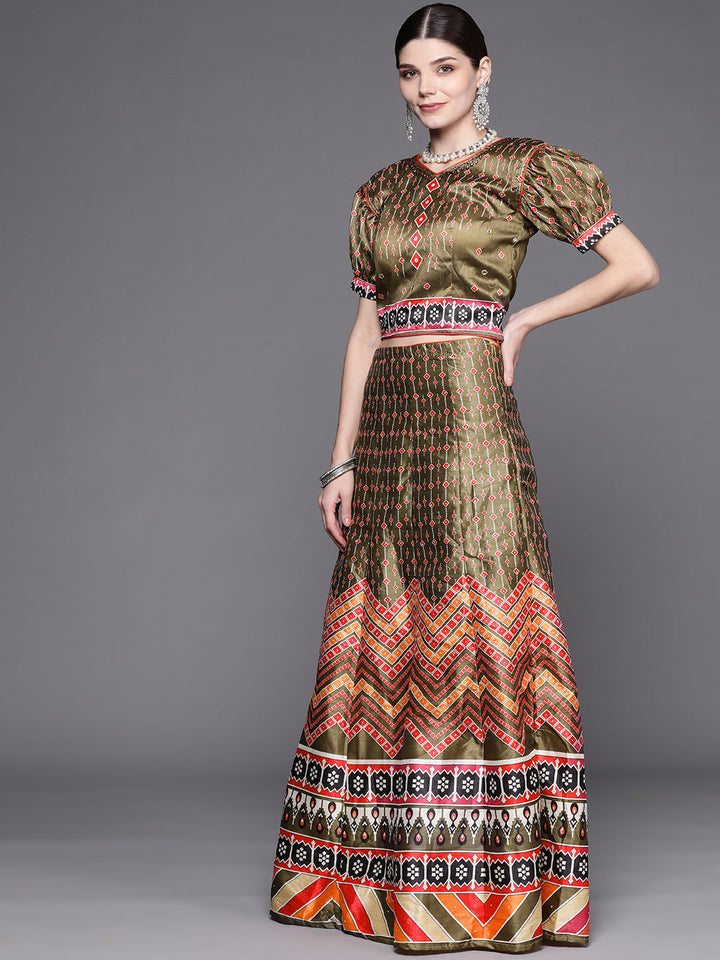 Olive Green Geometric Print Parade Crop Top Skirt Set