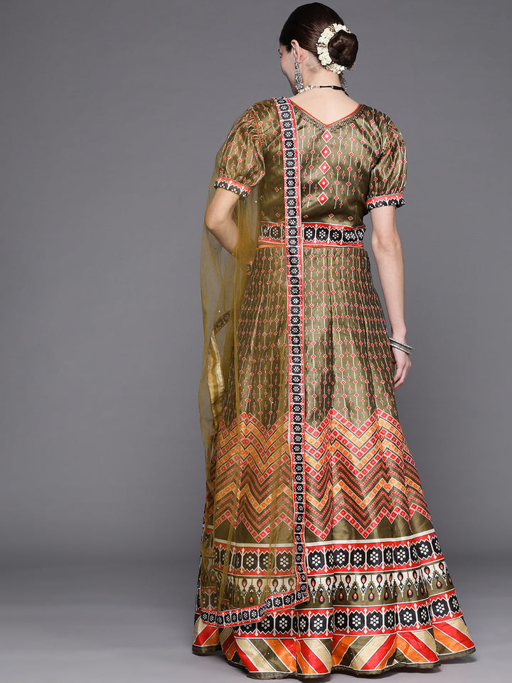 Olive Green Geometric Print Parade Crop Top Skirt Set