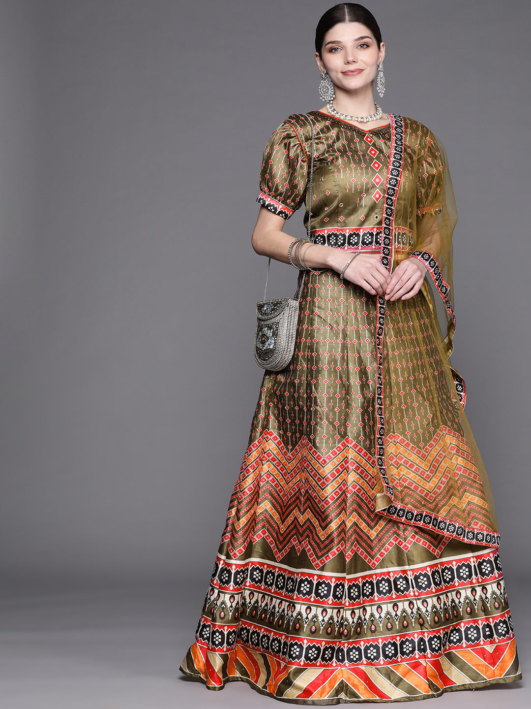 Olive Green Geometric Print Parade Crop Top Skirt Set