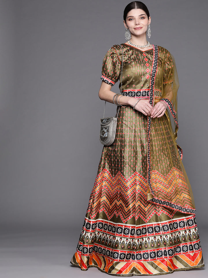 Olive Green Geometric Print Parade Crop Top Skirt Set