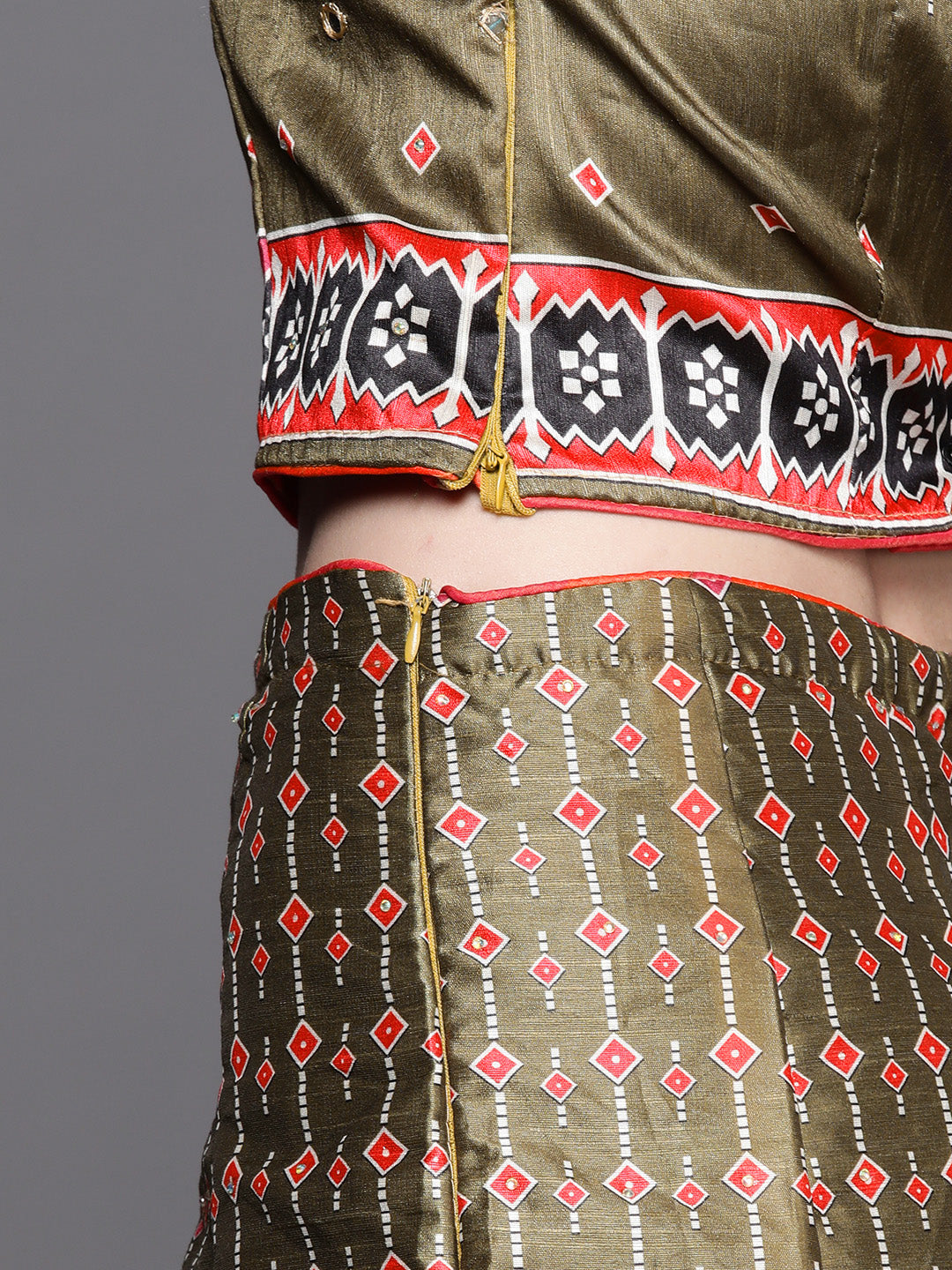 Olive Green Geometric Print Parade Crop Top Skirt Set