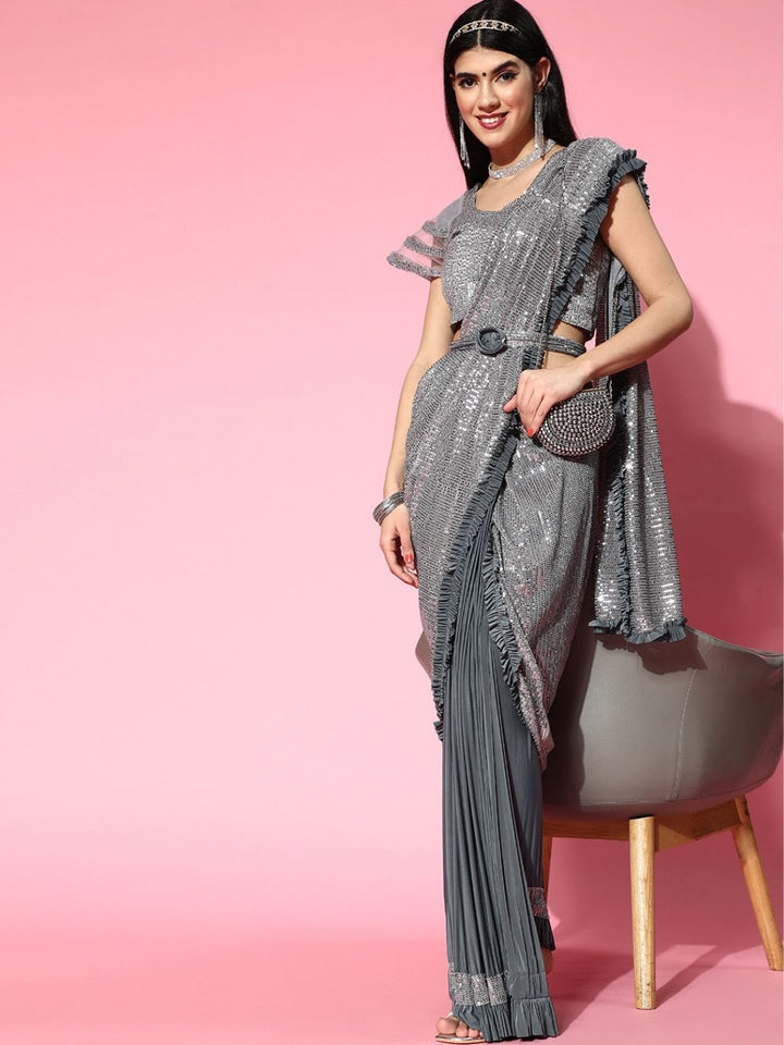 Pre-Draped Ruffled Half Half Saree With Sequin Embellishments & Belt