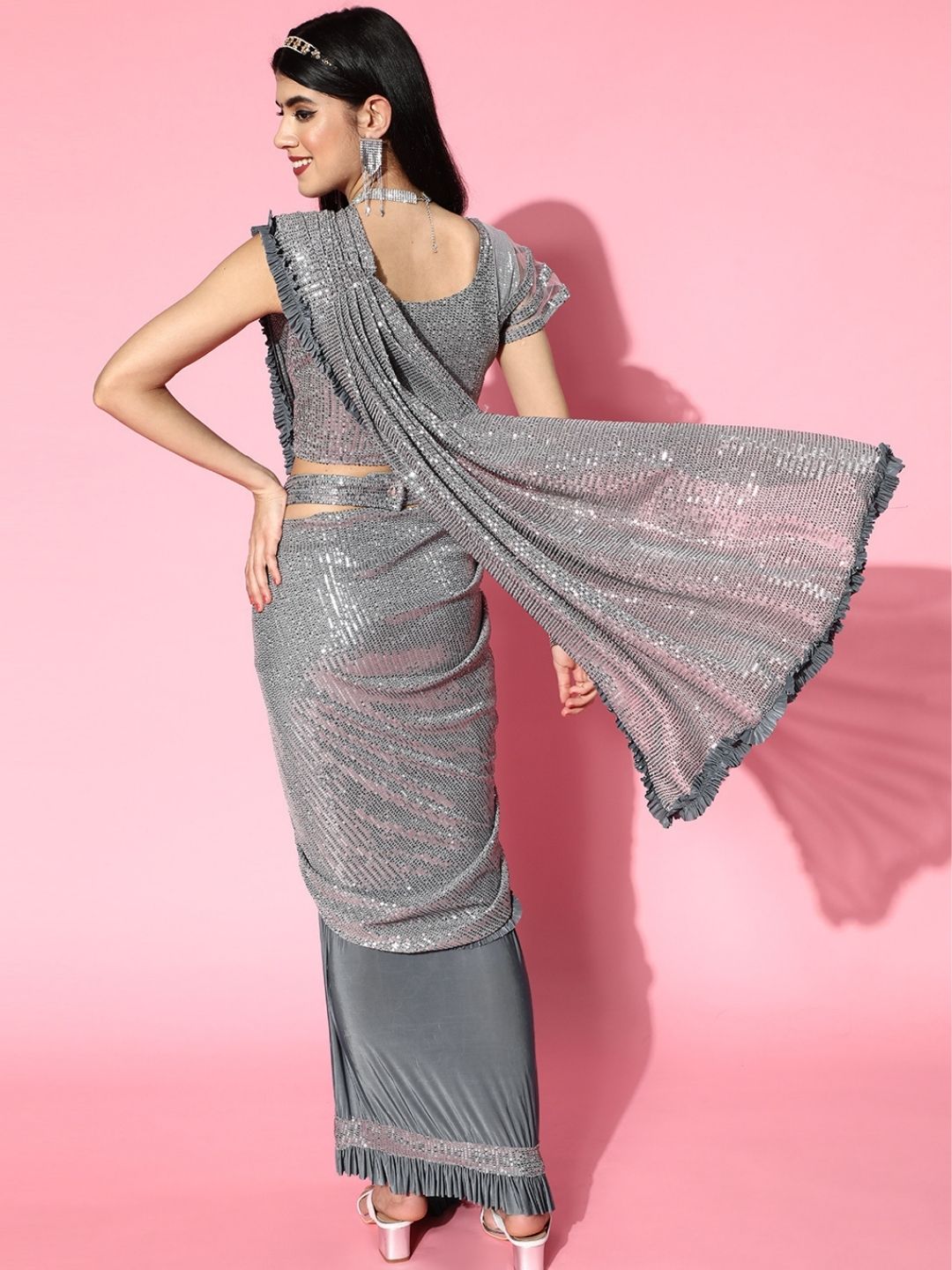Pre-Draped Ruffled Half Half Saree With Sequin Embellishments & Belt