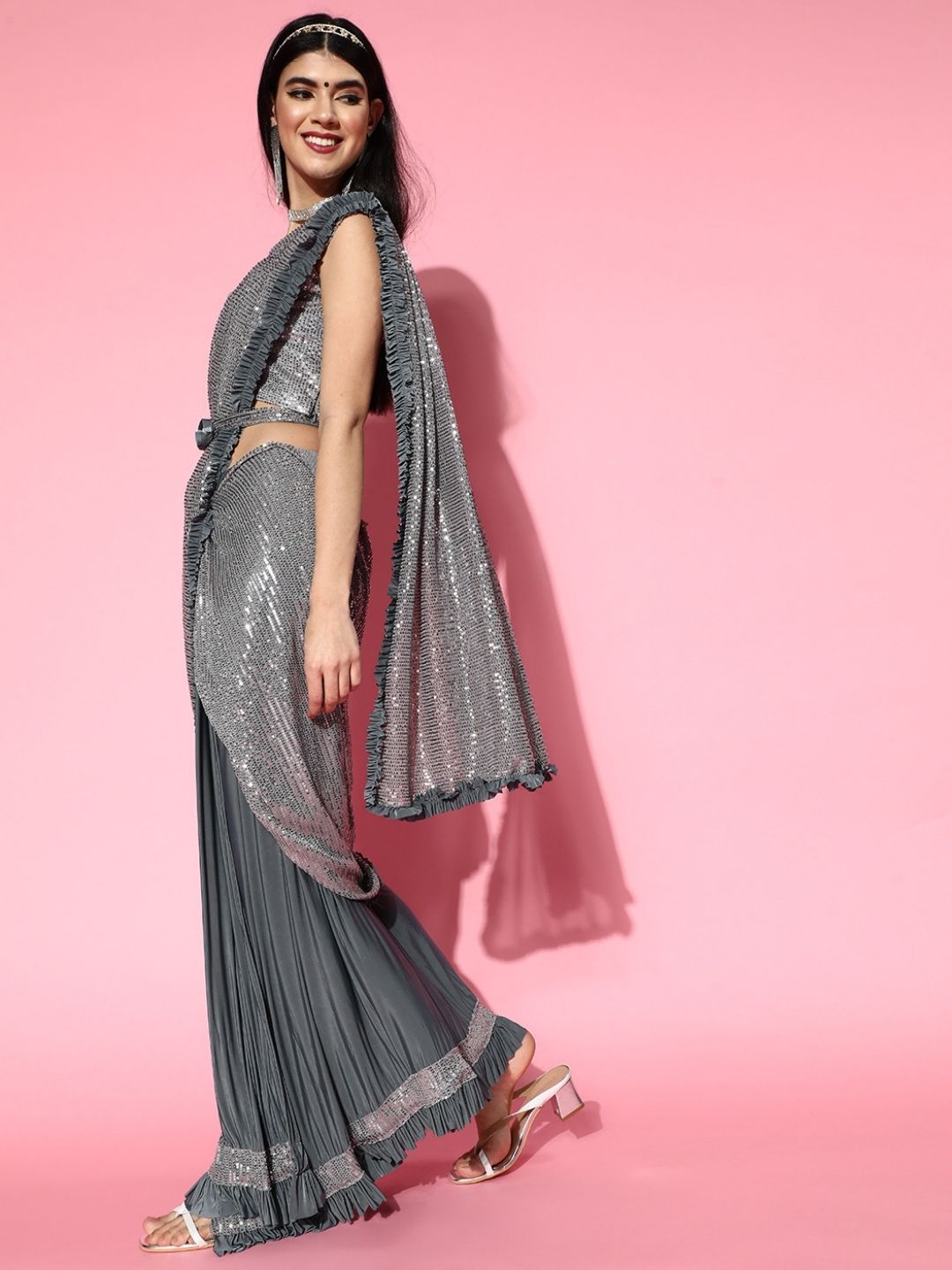Pre-Draped Ruffled Half Half Saree With Sequin Embellishments & Belt