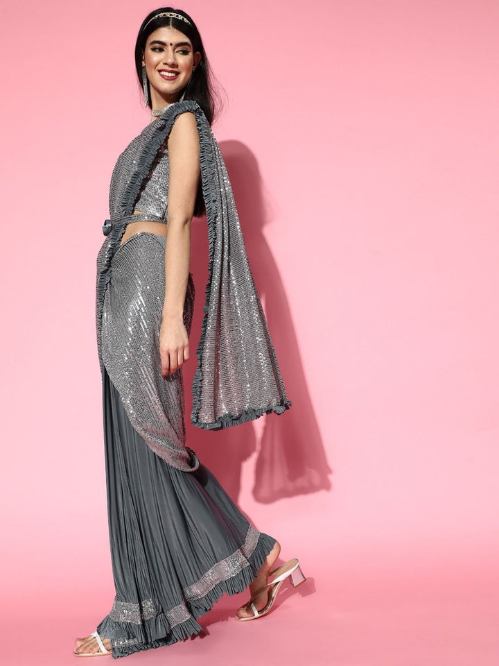Pre-Draped Ruffled Half Half Saree With Sequin Embellishments & Belt