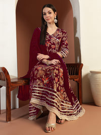 Chhabra 555 Floral Print Gota Patti Embellished Angrakha Flared Suit with Schiffli Embroidered Laces