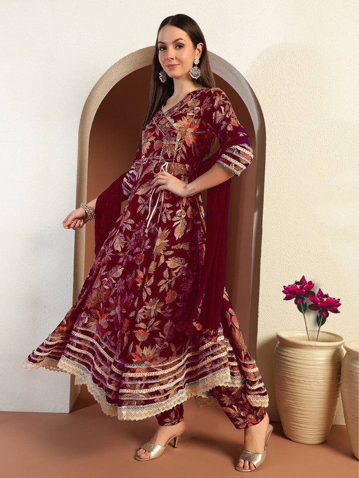 Floral Print Gota Patti Embellished Angrakha Flared Suit with Schiffli Embroidered Laces