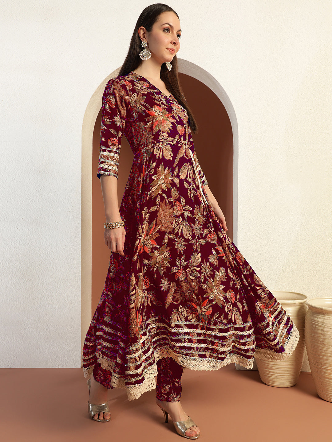 Floral Print Gota Patti Embellished Angrakha Flared Suit with Schiffli Embroidered Laces