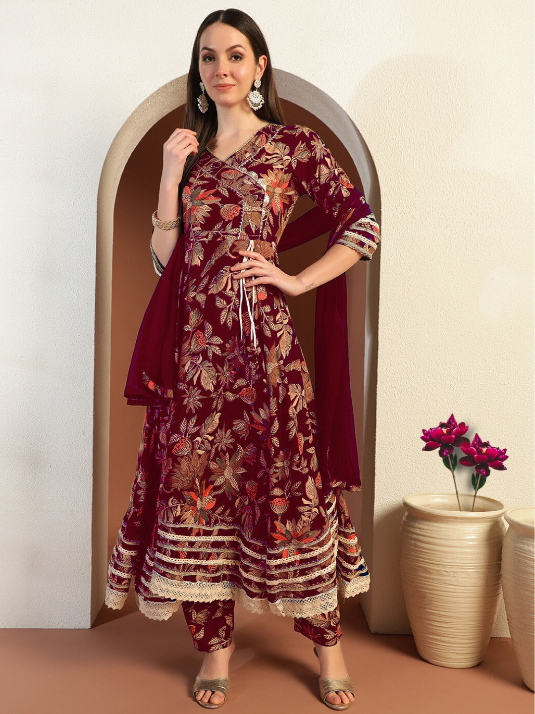 Floral Print Gota Patti Embellished Angrakha Flared Suit with Schiffli Embroidered Laces