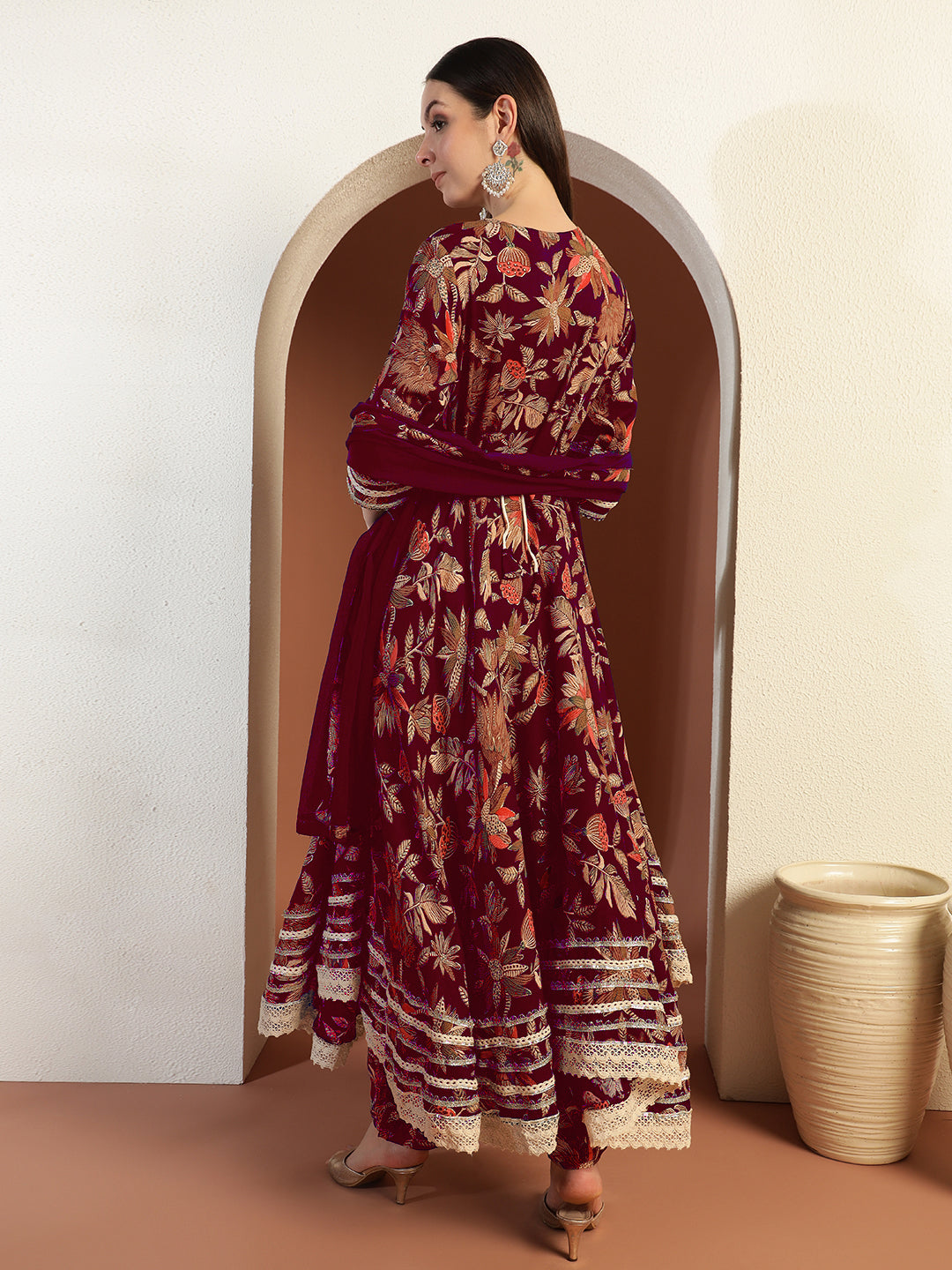 Floral Print Gota Patti Embellished Angrakha Flared Suit with Schiffli Embroidered Laces