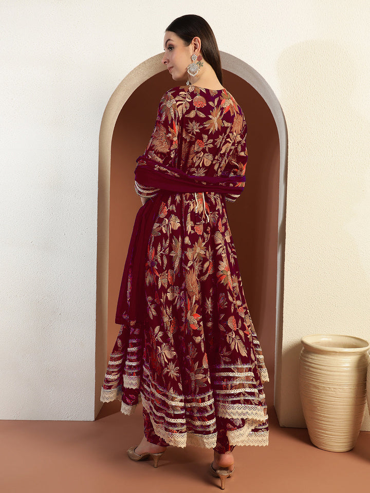 Floral Print Gota Patti Embellished Angrakha Flared Suit with Schiffli Embroidered Laces