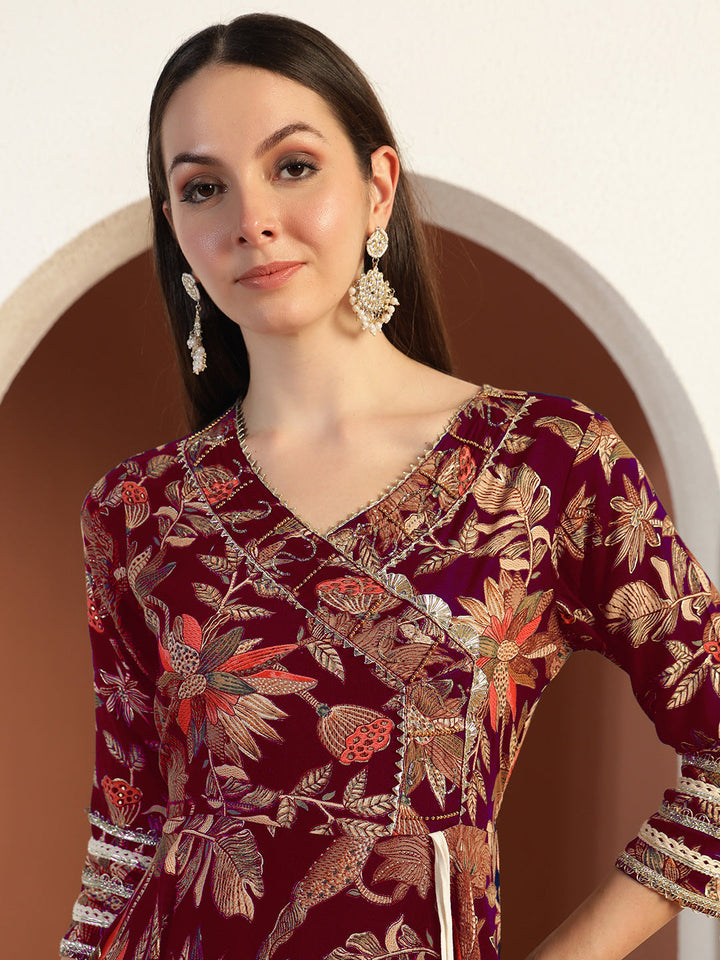 Floral Print Gota Patti Embellished Angrakha Flared Suit with Schiffli Embroidered Laces