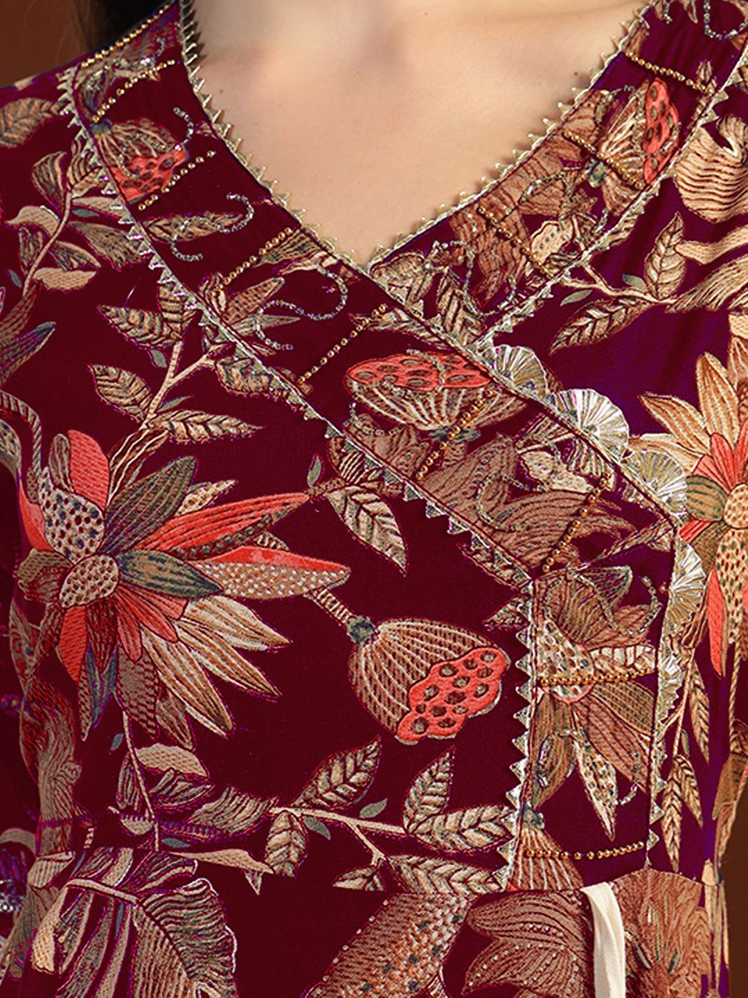 Floral Print Gota Patti Embellished Angrakha Flared Suit with Schiffli Embroidered Laces