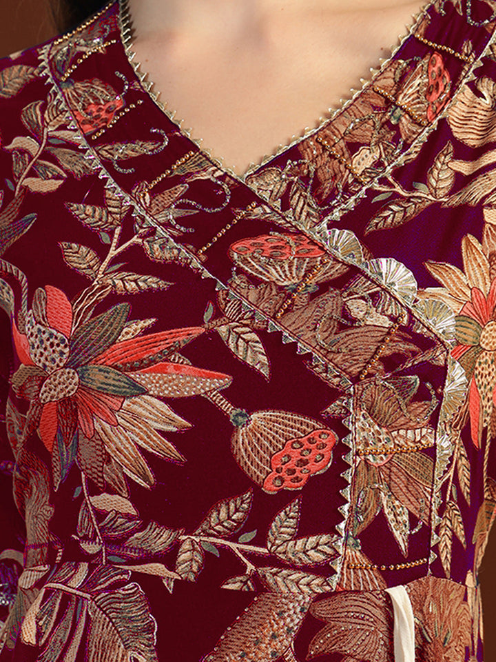 Floral Print Gota Patti Embellished Angrakha Flared Suit with Schiffli Embroidered Laces