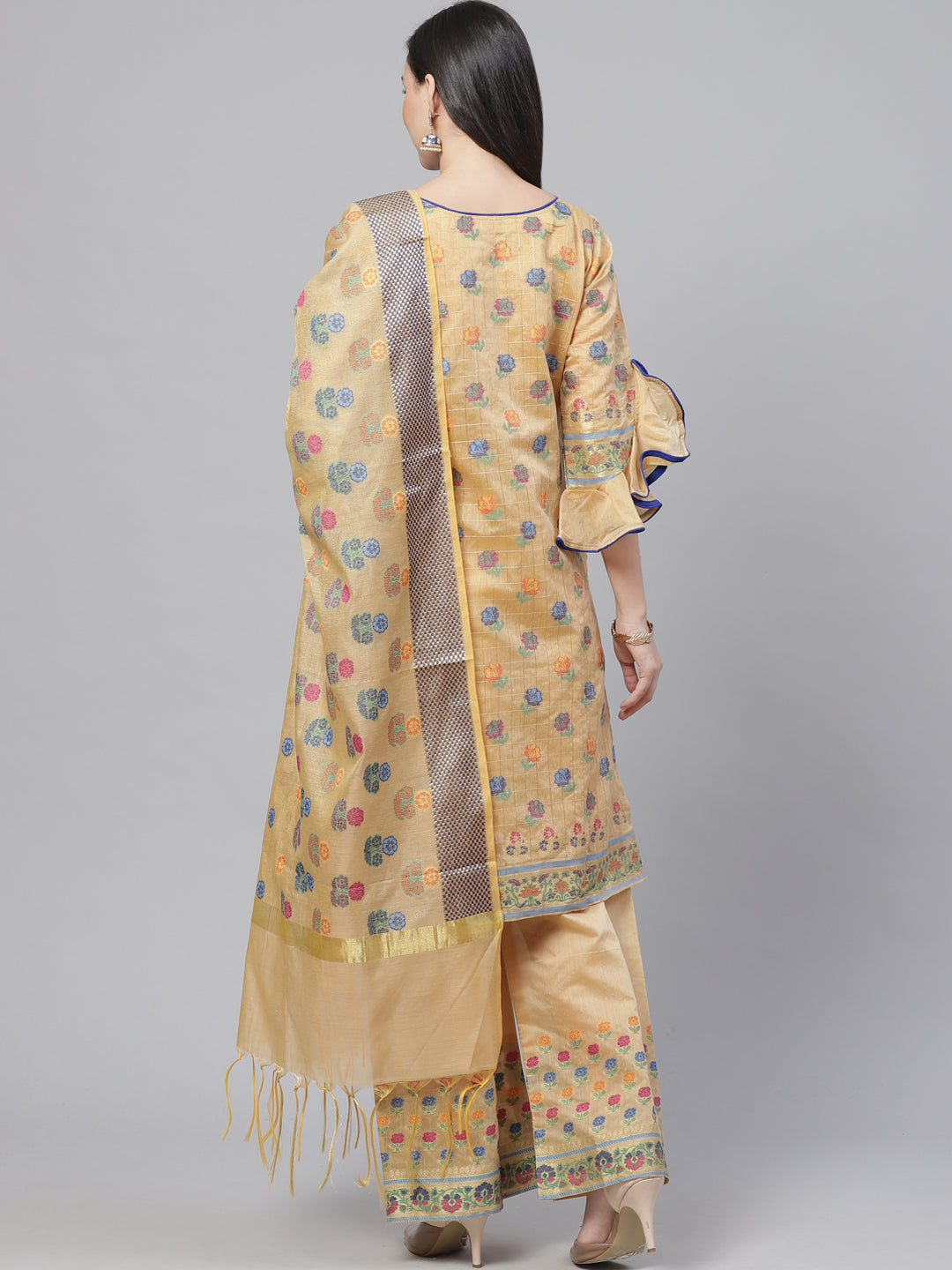 Chanderi Stitched Suit with  Resham Embroidery & Woven Banarasi Dupatta