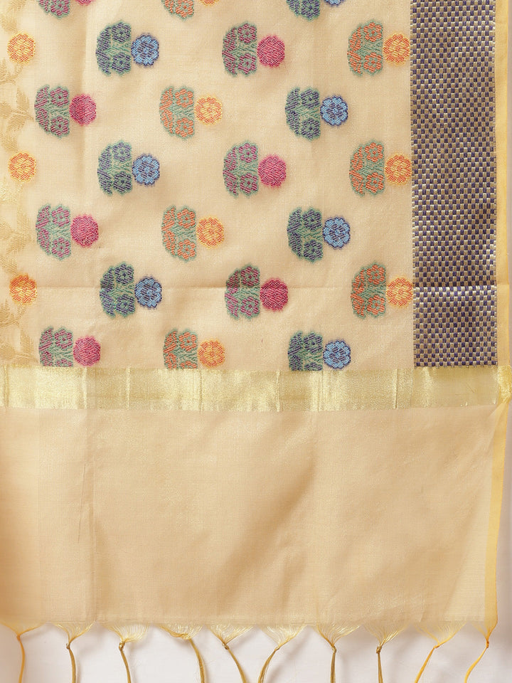 Chanderi Stitched Suit with  Resham Embroidery & Woven Banarasi Dupatta
