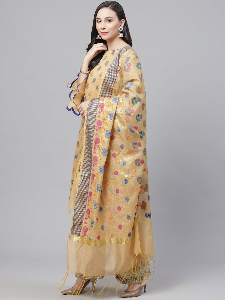 Chanderi Stitched Suit with  Resham Embroidery & Woven Banarasi Dupatta