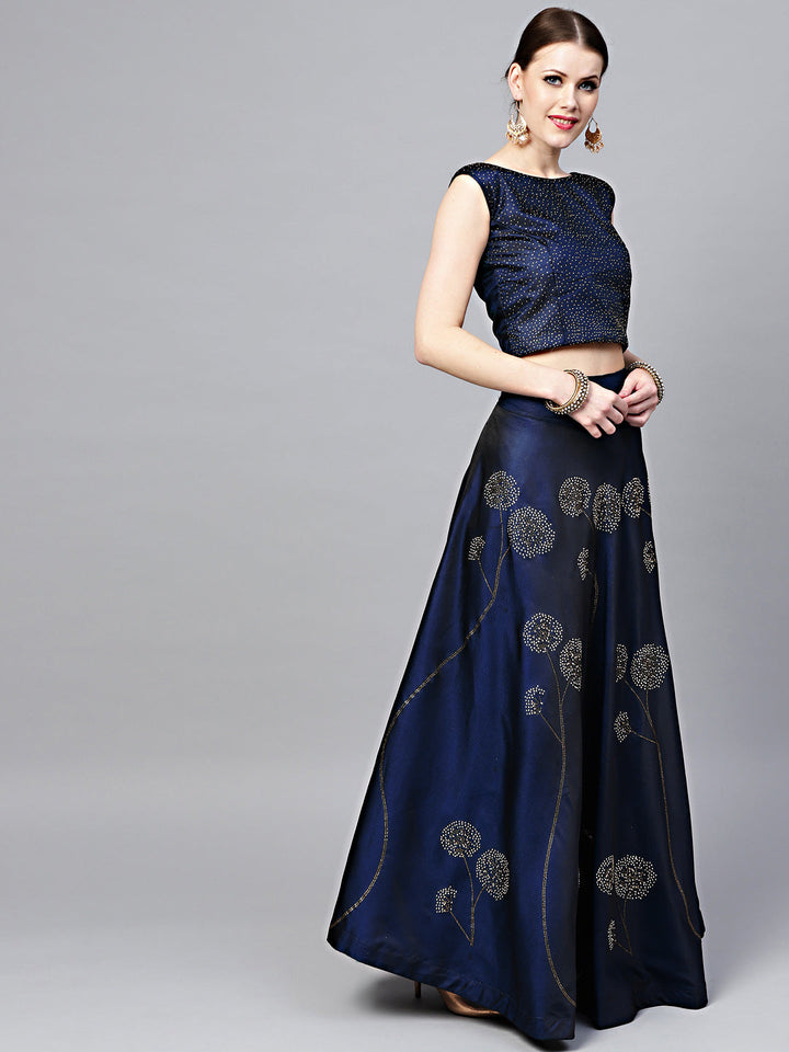 Made to Measure Blue Silk Croptop Lehenga with Floral Foil Print and Embllishments