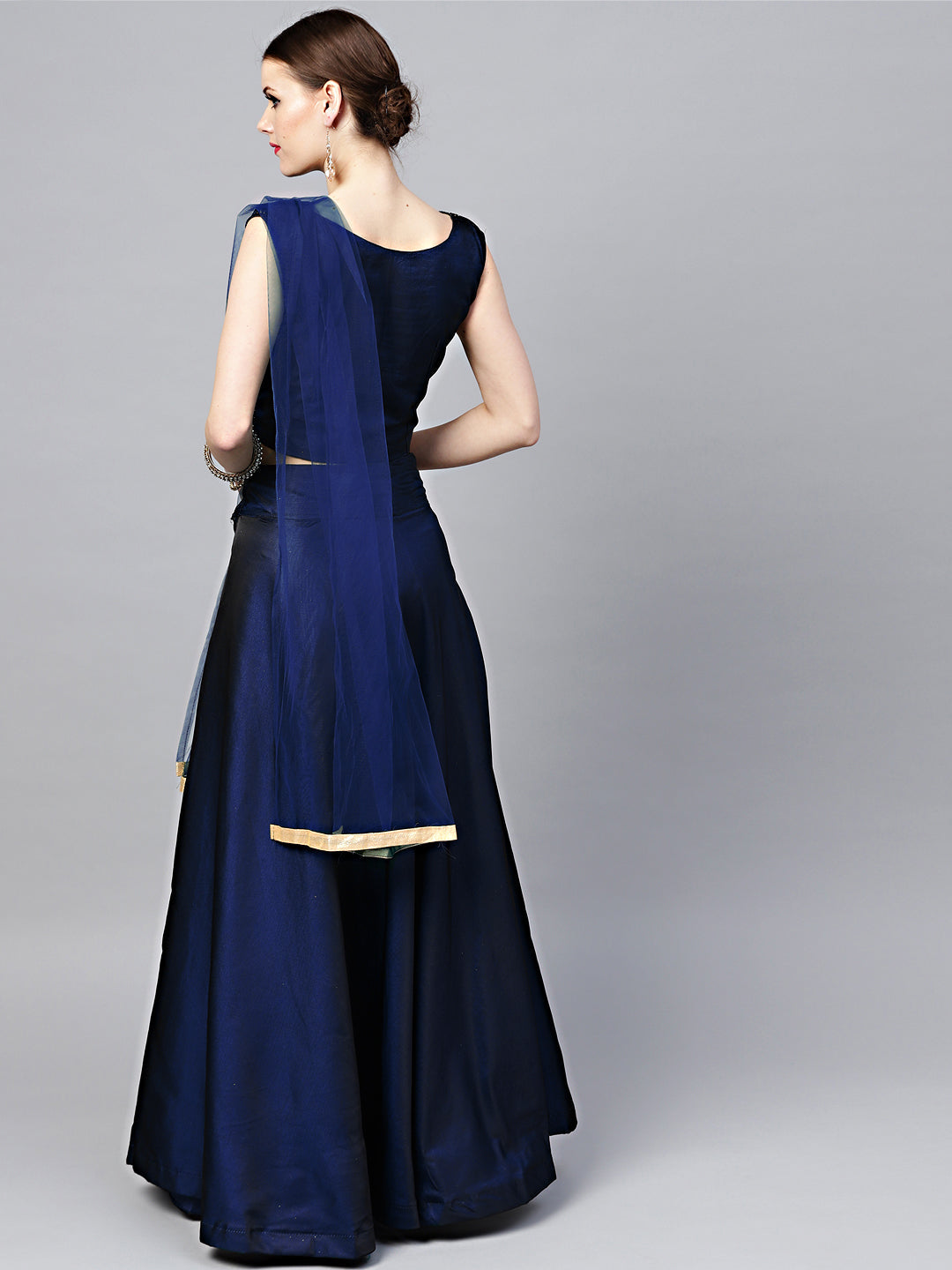 Made to Measure Blue Silk Croptop Lehenga with Floral Foil Print and Embllishments