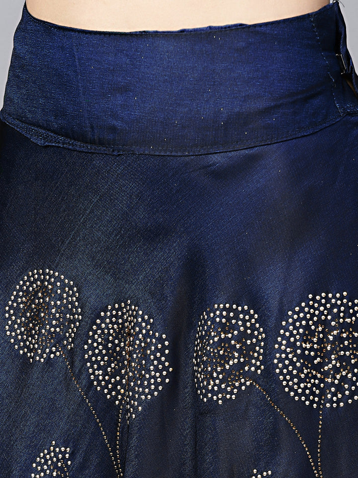 Made to Measure Blue Silk Croptop Lehenga with Floral Foil Print and Embllishments