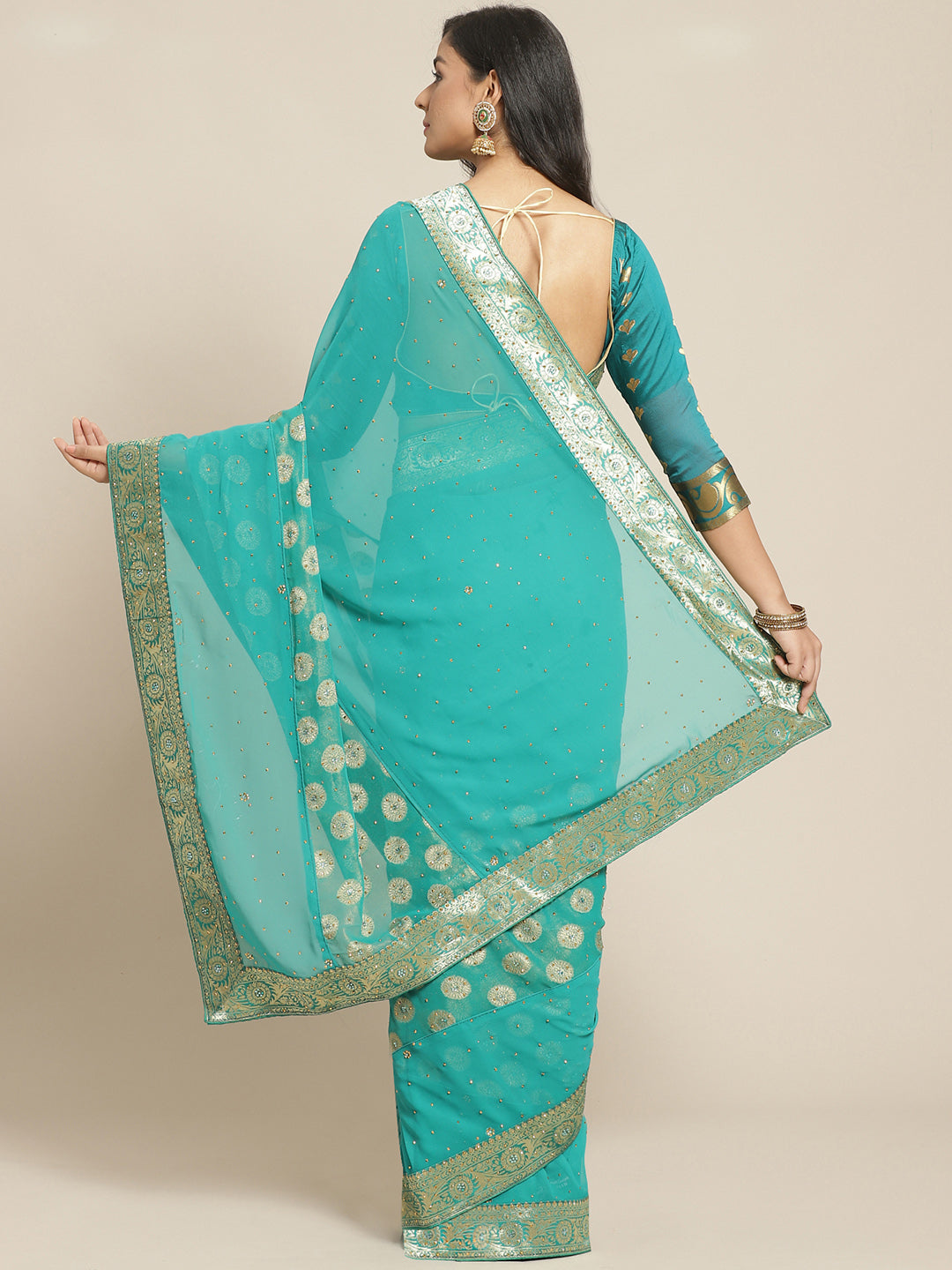 Bright Teal Embellished Georgette Saree with Banarasi Brocade Woven Border