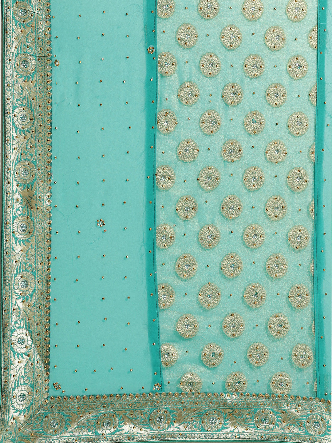 Bright Teal Embellished Georgette Saree with Banarasi Brocade Woven Border