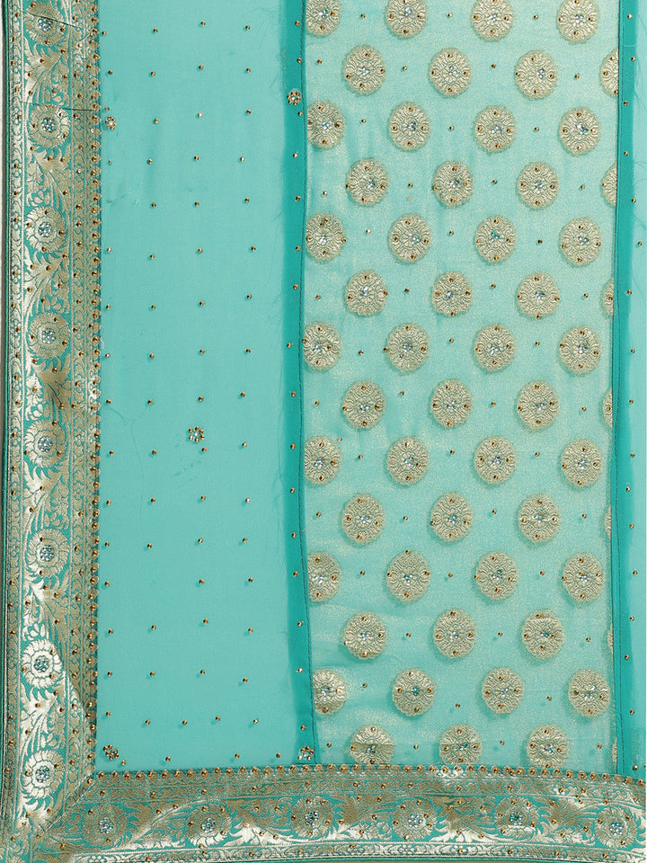 Bright Teal Embellished Georgette Saree with Banarasi Brocade Woven Border