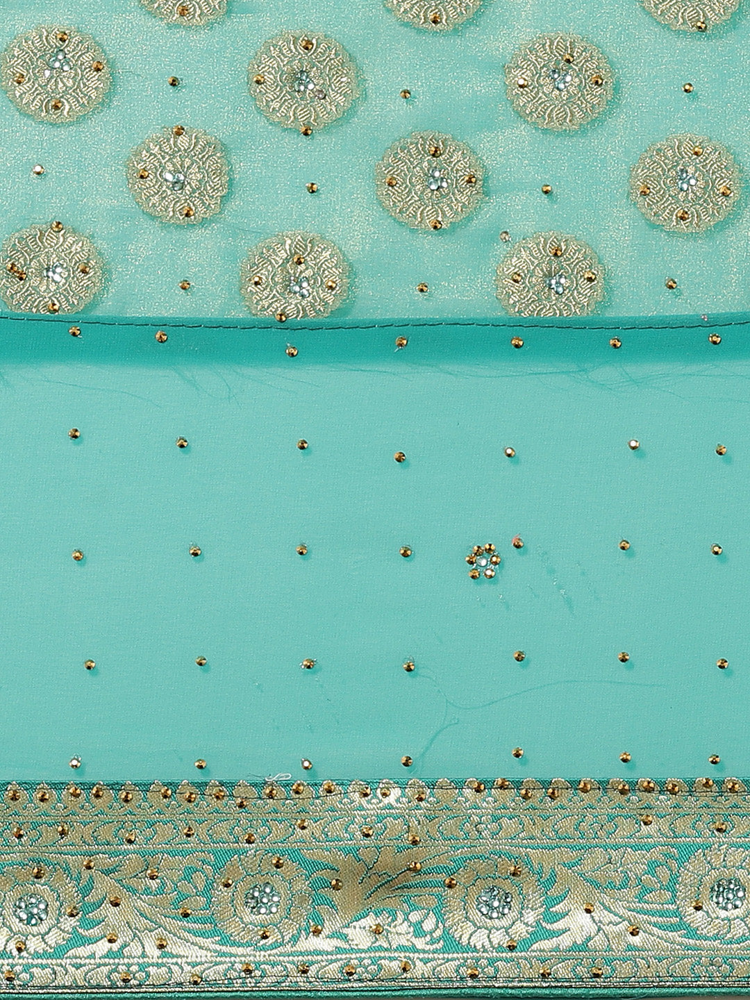 Bright Teal Embellished Georgette Saree with Banarasi Brocade Woven Border