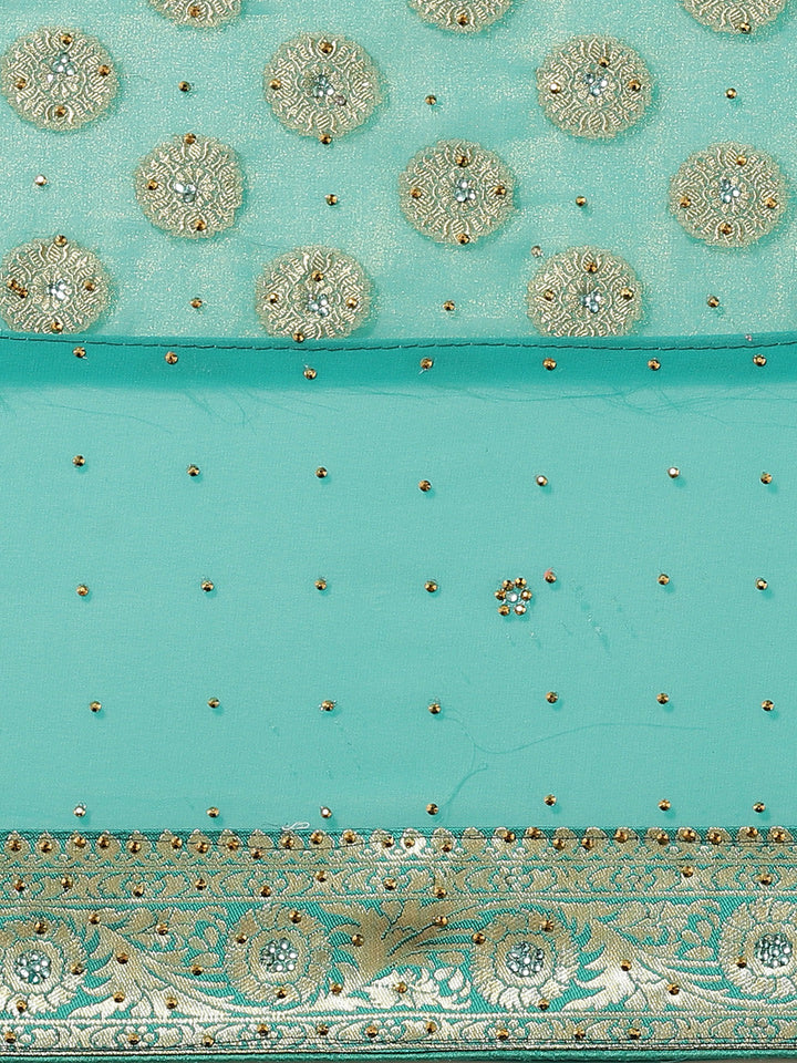 Bright Teal Embellished Georgette Saree with Banarasi Brocade Woven Border