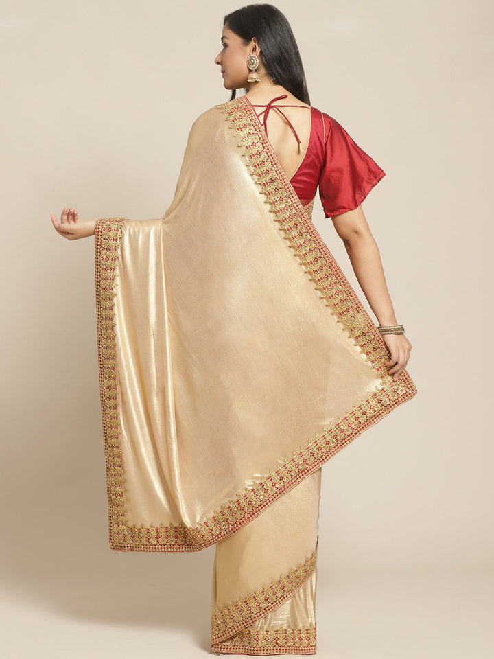 Bling Gold Shimmer Georgette Saree with Contrast Red Embroidered Cut work Border