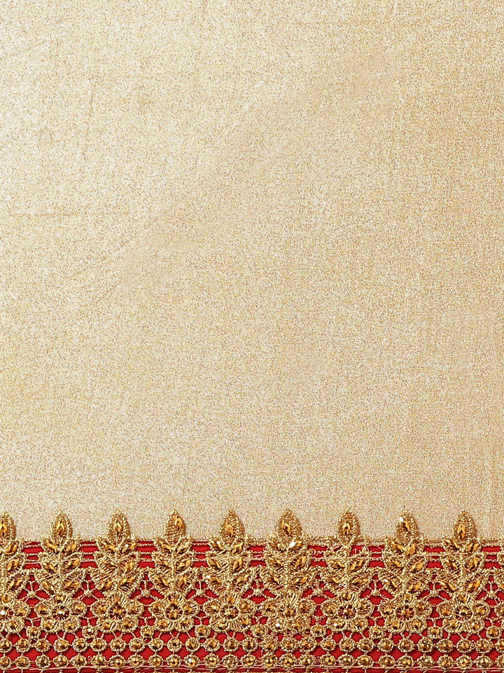 Bling Gold Shimmer Georgette Saree with Contrast Red Embroidered Cut work Border