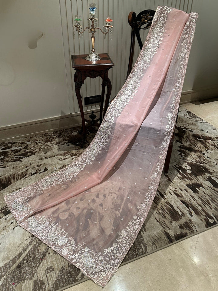 Blush Pink Organza Saree with Delicate Floral Embroidery