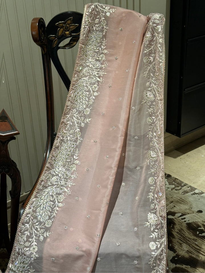 Blush Pink Organza Saree with Delicate Floral Embroidery
