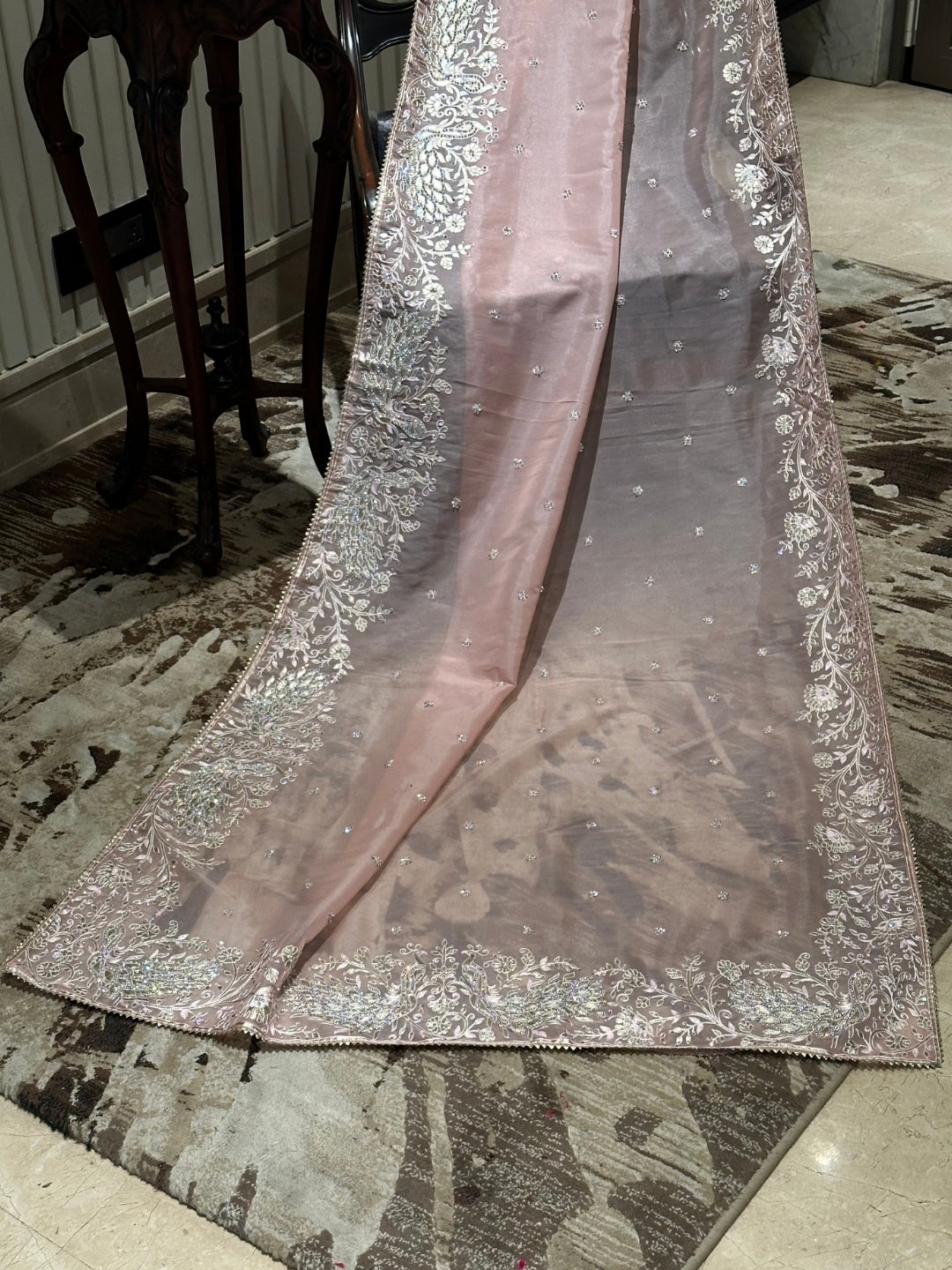 Blush Pink Organza Saree with Delicate Floral Embroidery