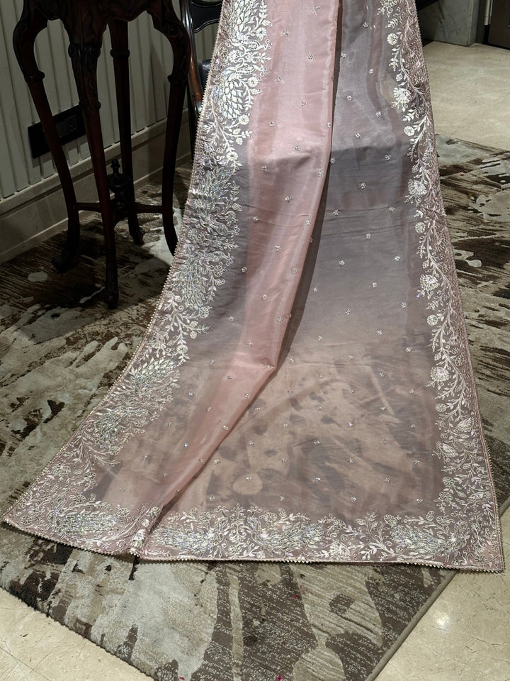 Blush Pink Organza Saree with Delicate Floral Embroidery