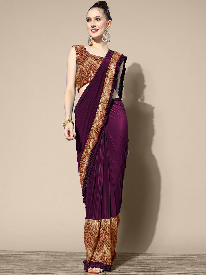 Draped Bright Burgundy Lycra Ruffled Saree With Embellished Blouse