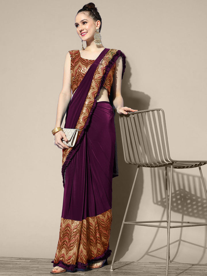 Draped Bright Burgundy Lycra Ruffled Saree With Embellished Blouse