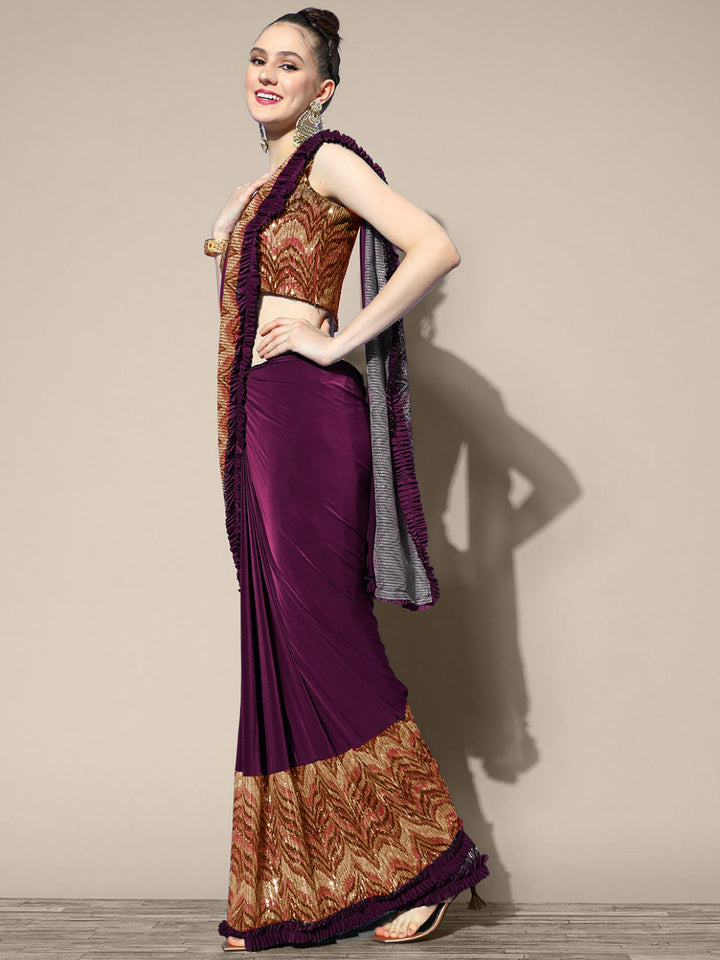 Draped Bright Burgundy Lycra Ruffled Saree With Embellished Blouse