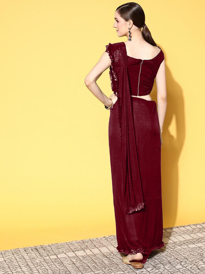 Pre-Draped Gold Metaillic Lycra Ruffled Off Shoulder Saree