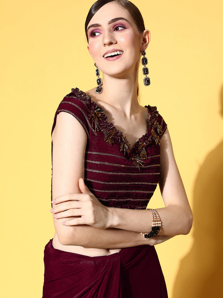 Pre-Draped Gold Metaillic Lycra Ruffled Off Shoulder Saree