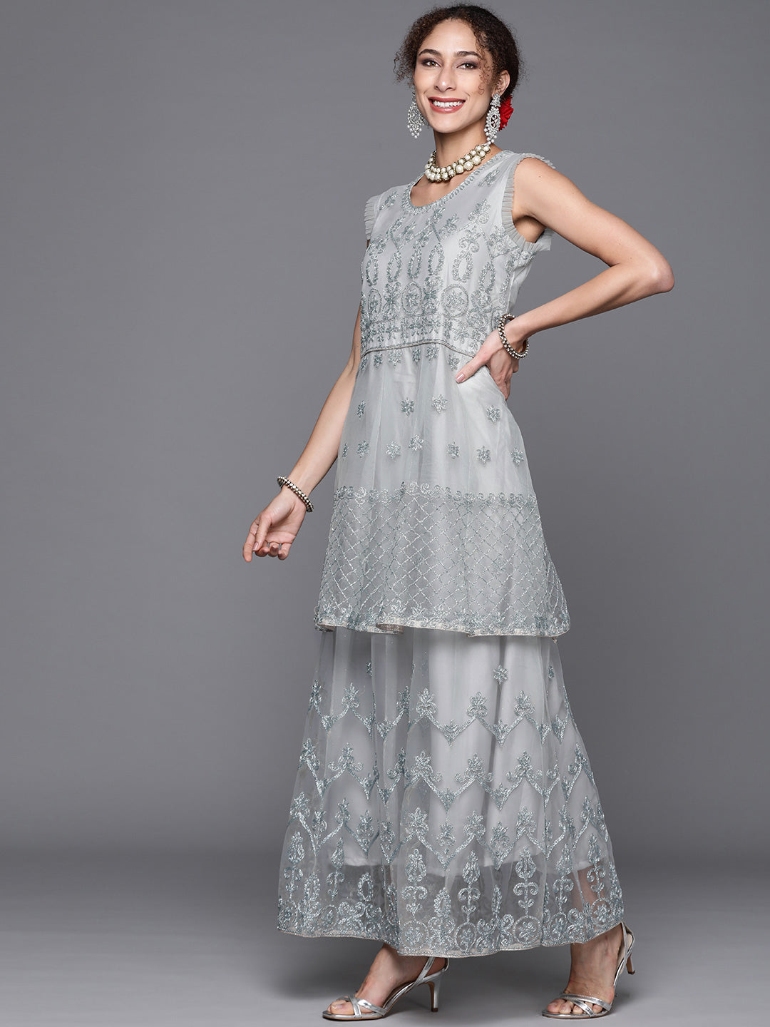 Silver Zari Embellished Floor Length Pleated Net Gown