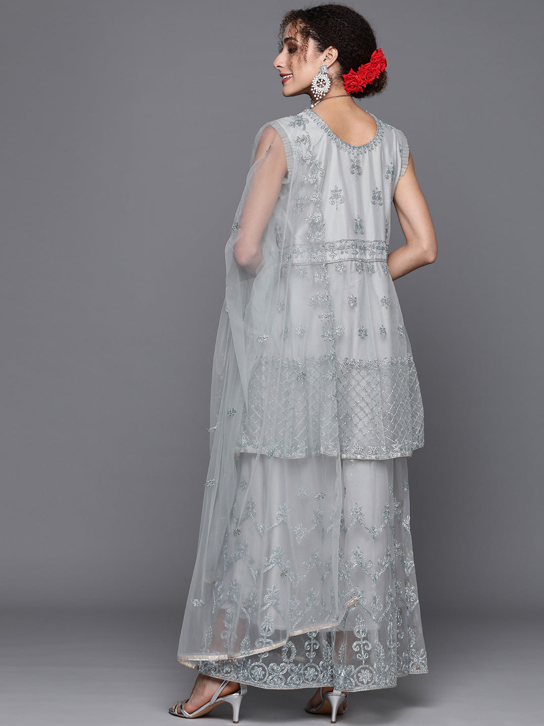Silver Zari Embellished Floor Length Pleated Net Gown