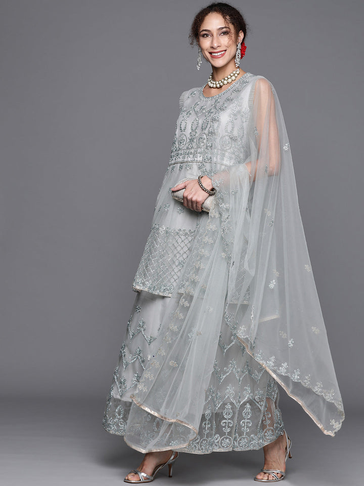 Silver Zari Embellished Floor Length Pleated Net Gown
