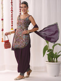 Multicolor Resham Embroidered Kurta Set with Harem Pants and Tasseled Curved Hemline