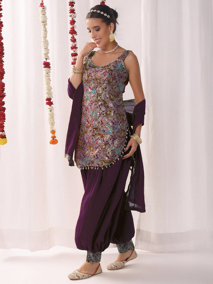 Multicolor Resham Embroidered Kurta Set with Harem Pants and Tasseled Curved Hemline